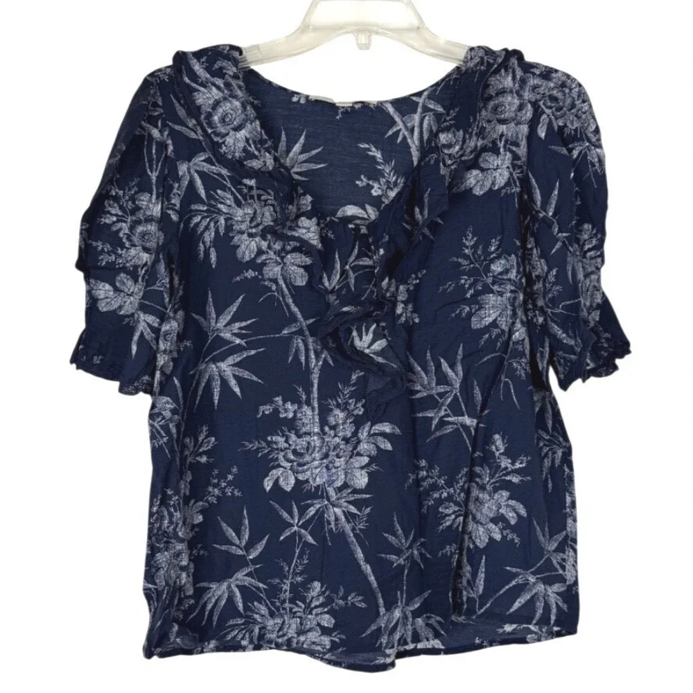 LOFT Women's Navy/White Floral V-Neck Puff Short Sleeve Ruffle Blouse M Summer